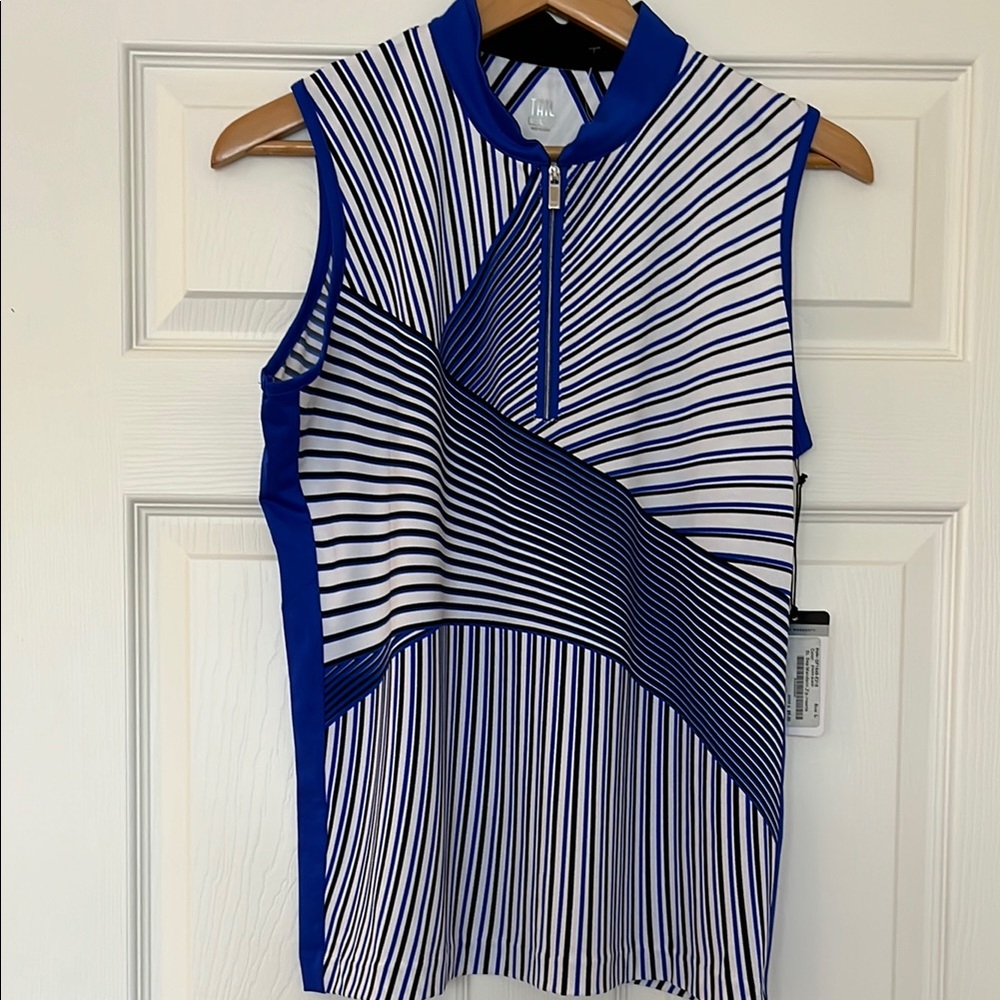 Tail Blue Sleeveless Tank Top with Graphic Design and Mandarin Collar